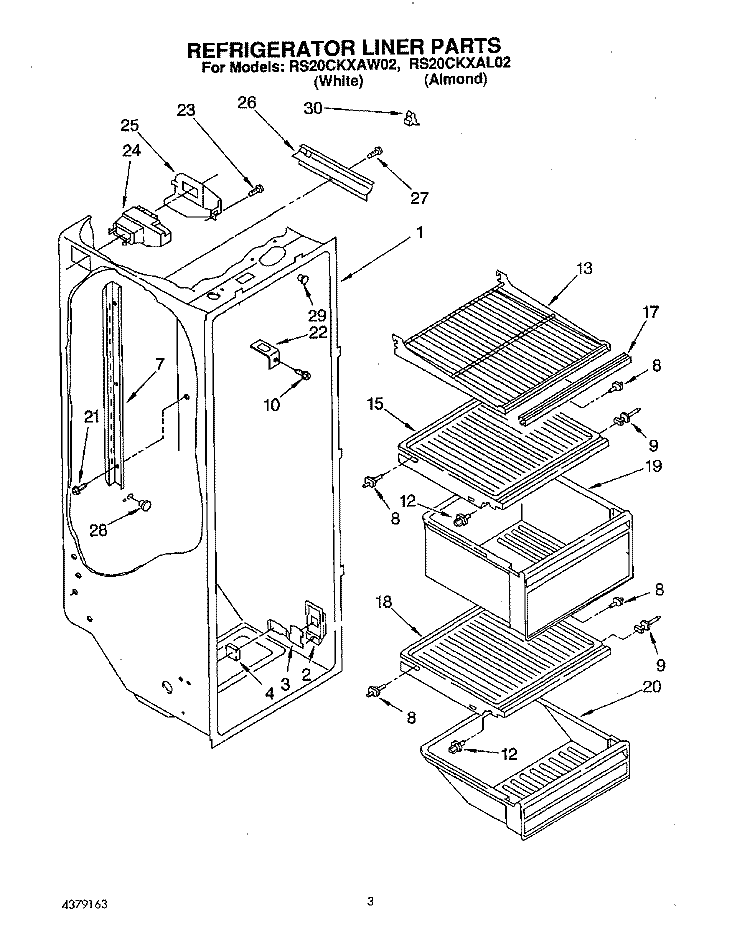 REFRIGERATOR LINER Diagram and Parts List for RS20CKXAL02  Roper Refrigerator