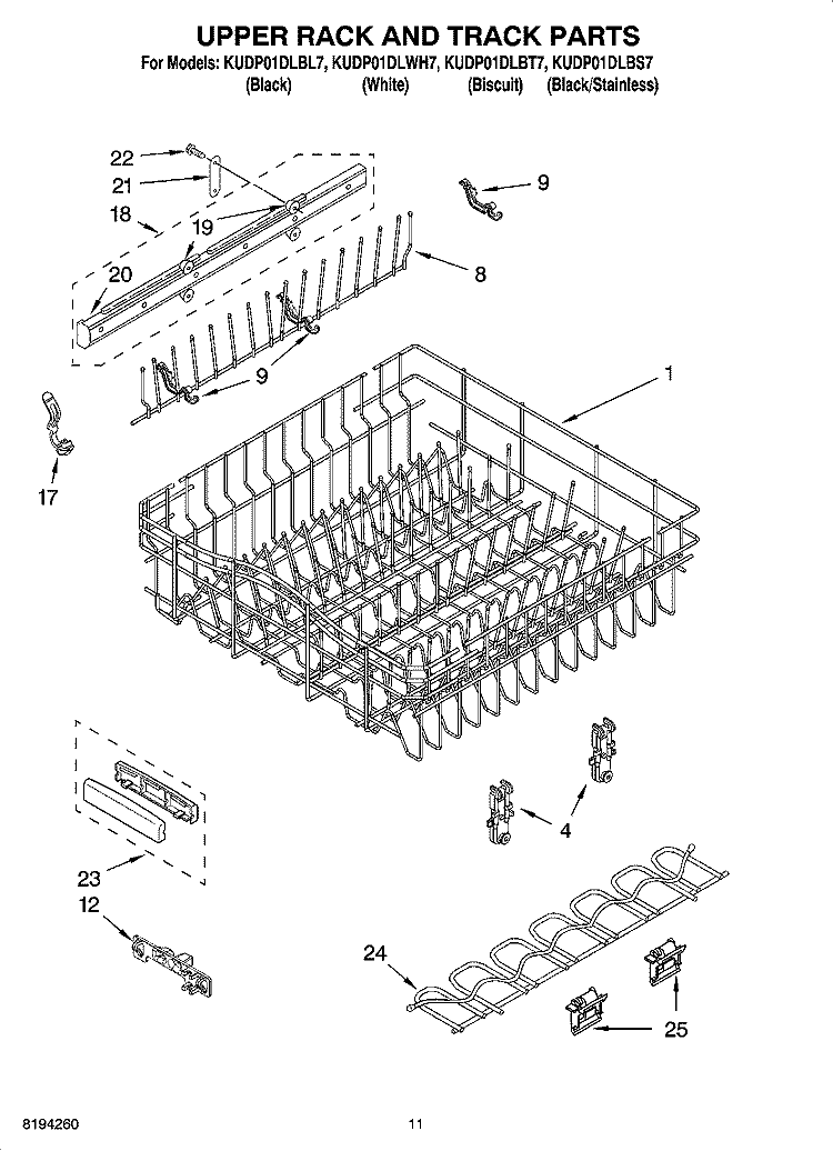 UPPER RACK AND TRACK PARTS Diagram and Parts List for KUDP01DLBL7  KitchenAid Dishwasher