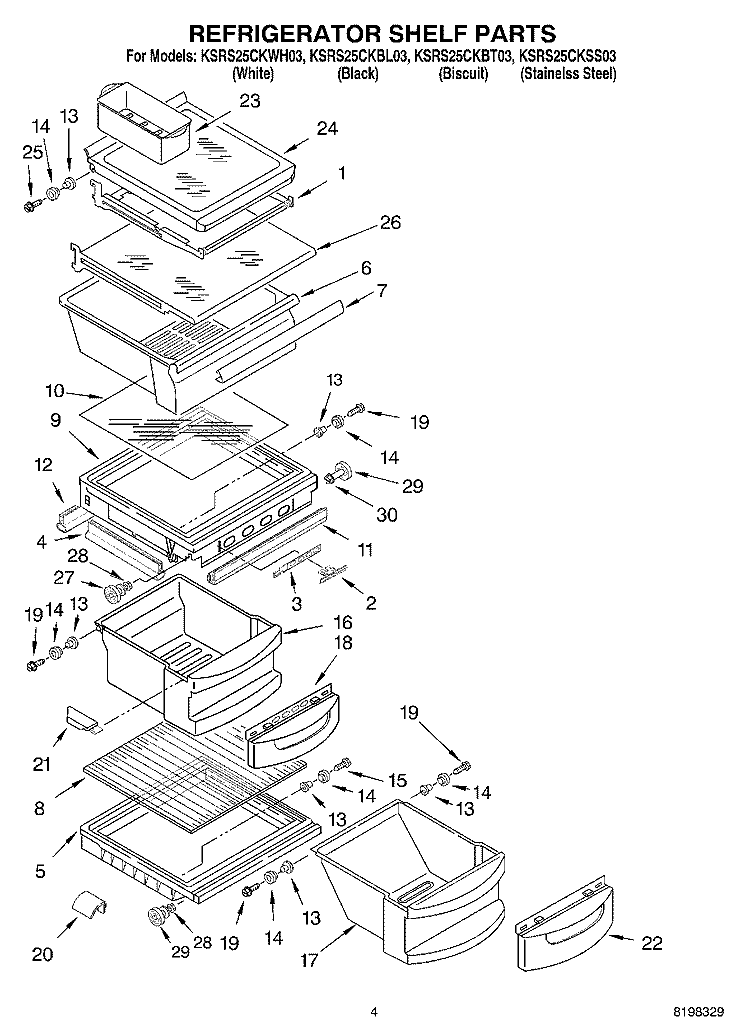 REFRIGERATOR SHELF PARTS Diagram and Parts List for KSRS25CKWH03  KitchenAid Refrigerator