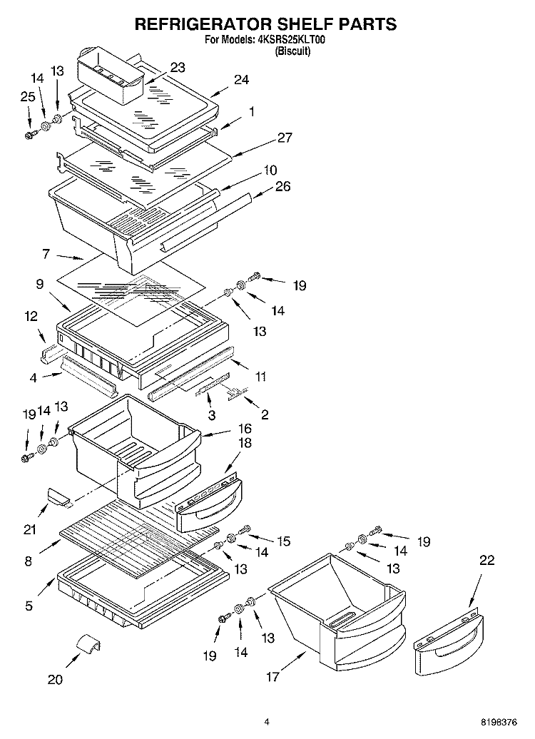 REFRIGERATOR SHELF Diagram and Parts List for 4KSRS25KLT00  KitchenAid Refrigerator