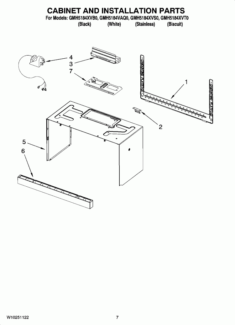 CABINET AND INSTALLATION PARTS Diagram and Parts List for GMH5184VAQ0  Whirlpool Microwave