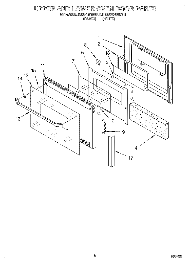 UPPER AND LOWER OVEN DOOR Diagram and Parts List for KEBS276BBL3  KitchenAid Wall Oven