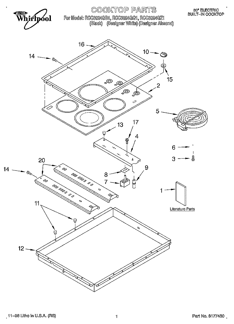 SECTION Diagram and Parts List for RCC3024GB1  Whirlpool Cooktop