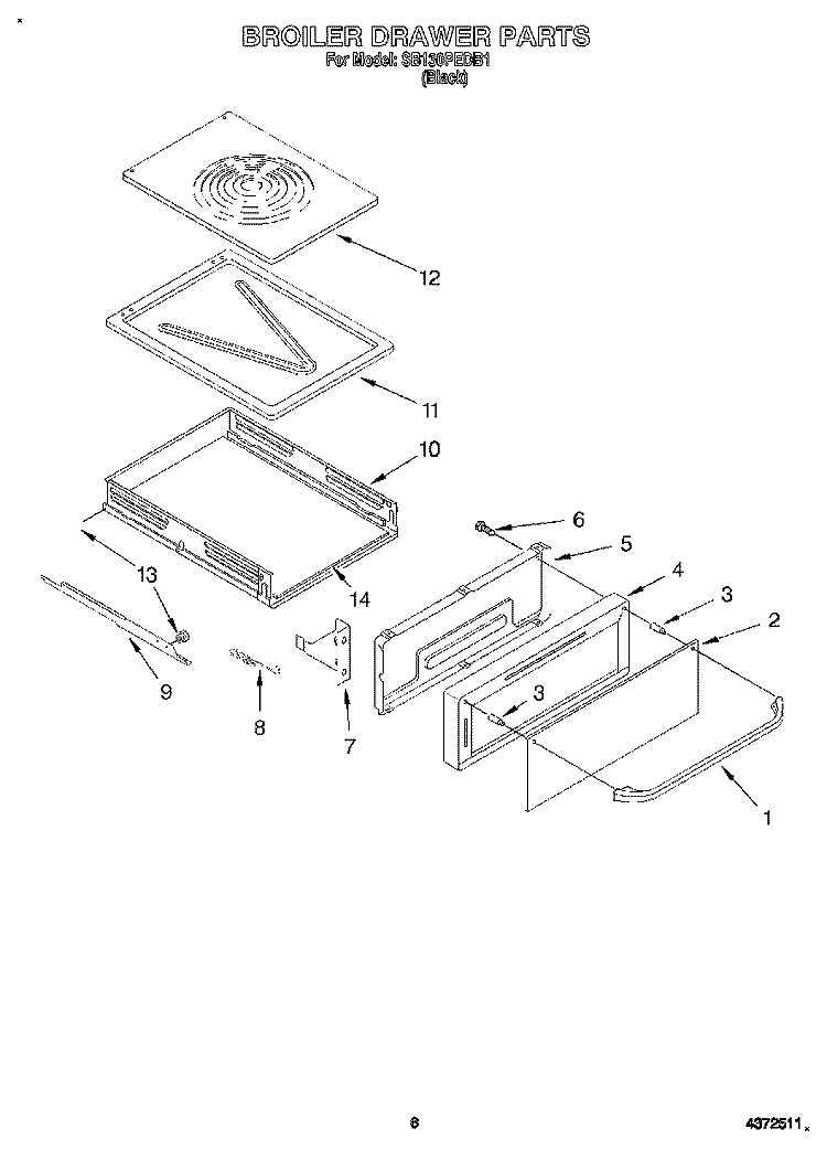 BROILER DRAWER, LITERATURE Diagram and Parts List for SB130PEDB1  Whirlpool Wall Oven