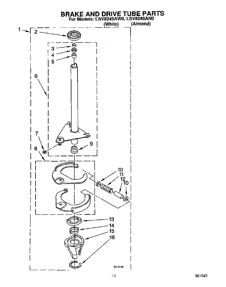 BRAKE AND DRIVE TUBE Diagram and Parts List for LSV8245AW0  Whirlpool Washer