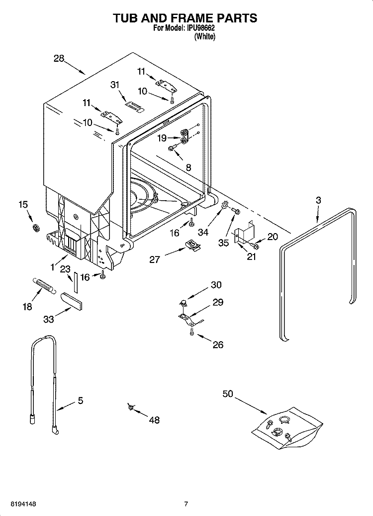 TUB AND FRAME PARTS Diagram and Parts List for IPU98662  Inglis Dishwasher
