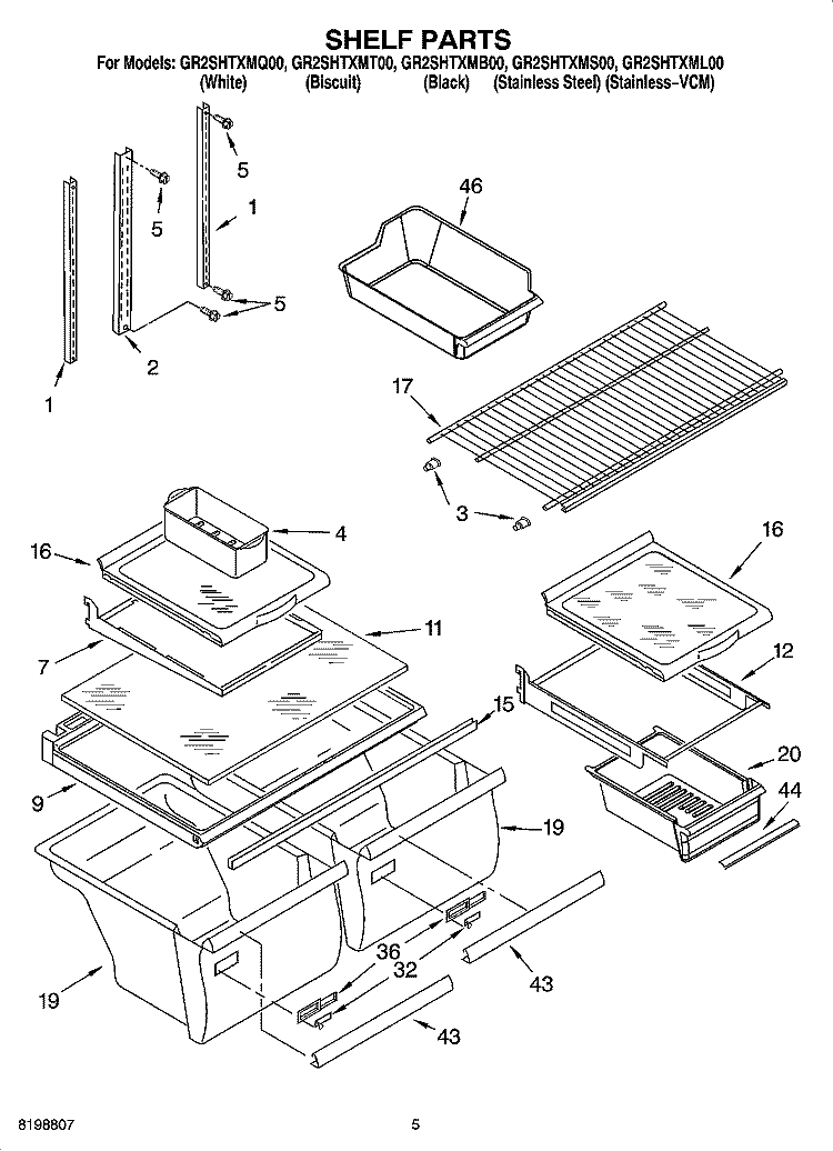 SHELF PARTS Diagram and Parts List for GR2SHTXML00  Whirlpool Refrigerator