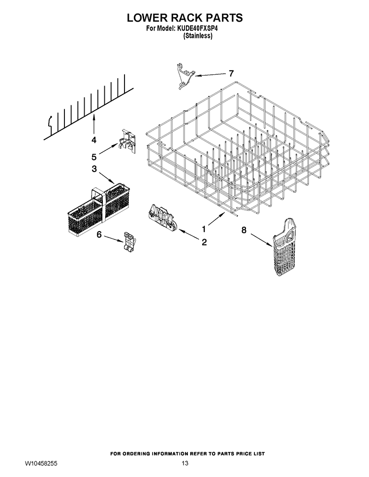 LOWER RACK PARTS Diagram and Parts List for KUDE40FXSP4  KitchenAid Dishwasher