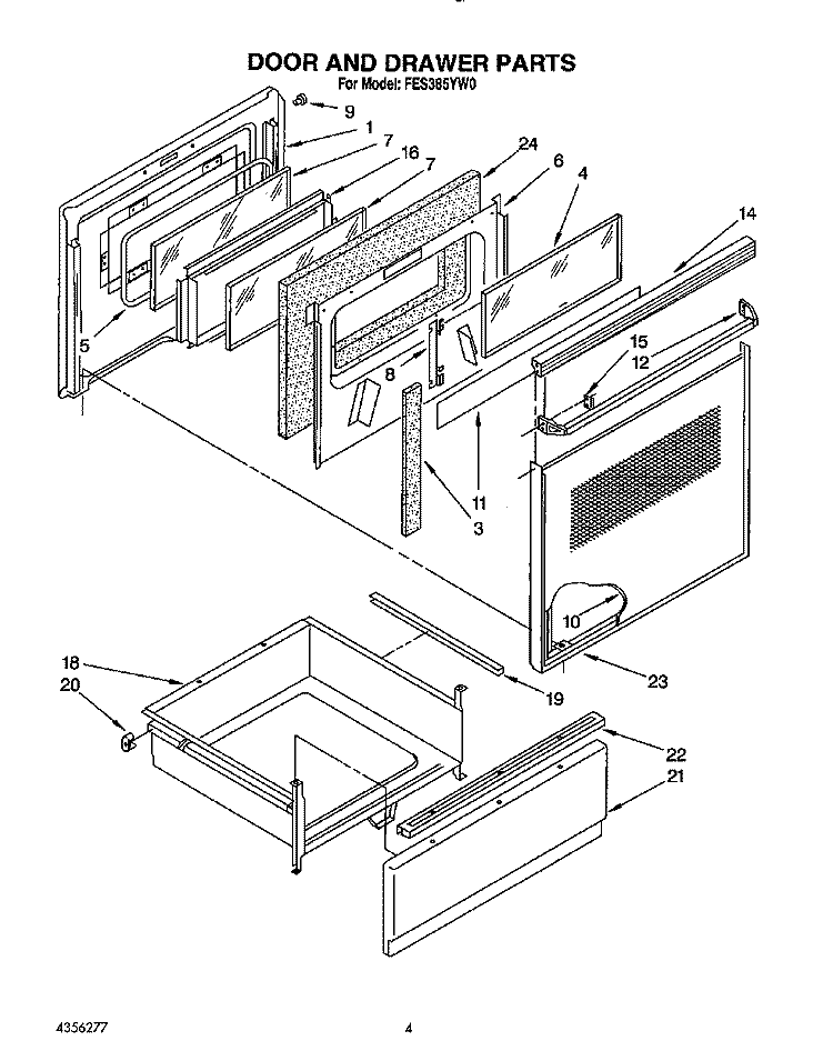 DOOR AND DRAWER Diagram and Parts List for FES385YW0  Roper Range