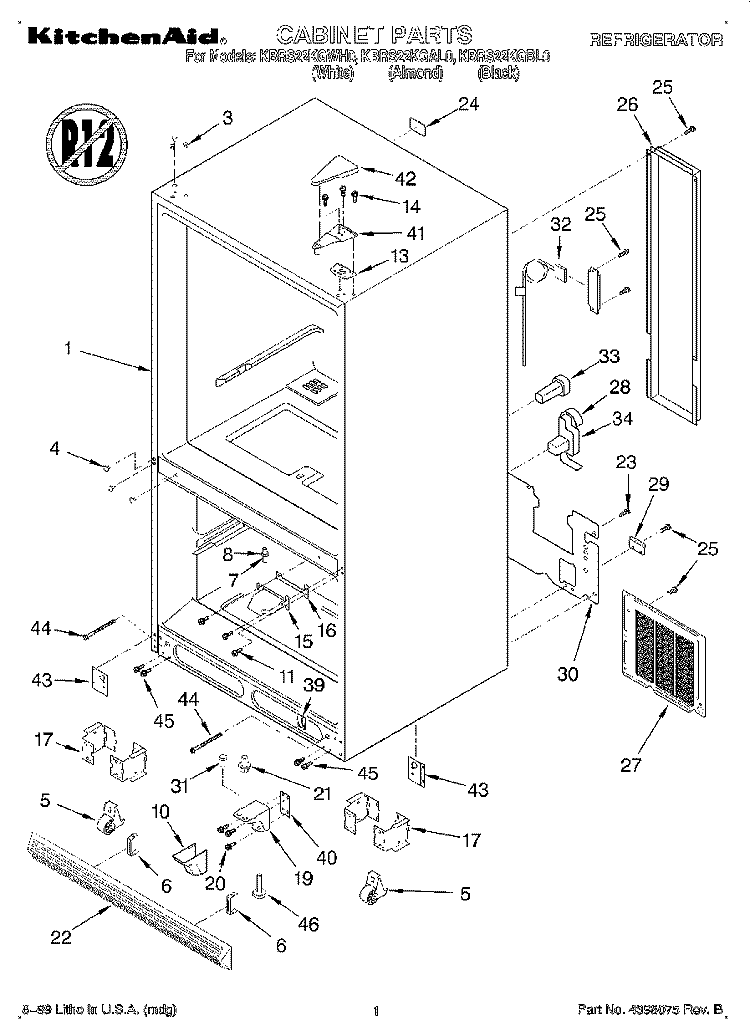 CABINET Diagram and Parts List for KBRS22KGAL0  KitchenAid Refrigerator
