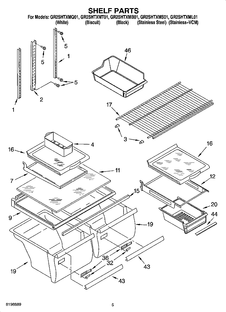 SHELF PARTS Diagram and Parts List for GR2SHTXMS01  Whirlpool Refrigerator