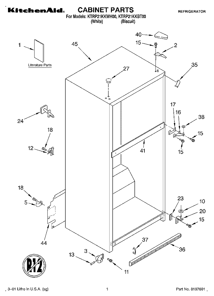 CABINET, LITERATURE Diagram and Parts List for KTRP21KKBT00  KitchenAid Refrigerator