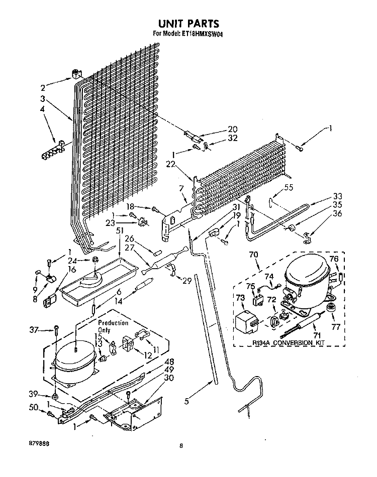 UNIT Diagram and Parts List for ET18HMXSW04  Whirlpool Refrigerator