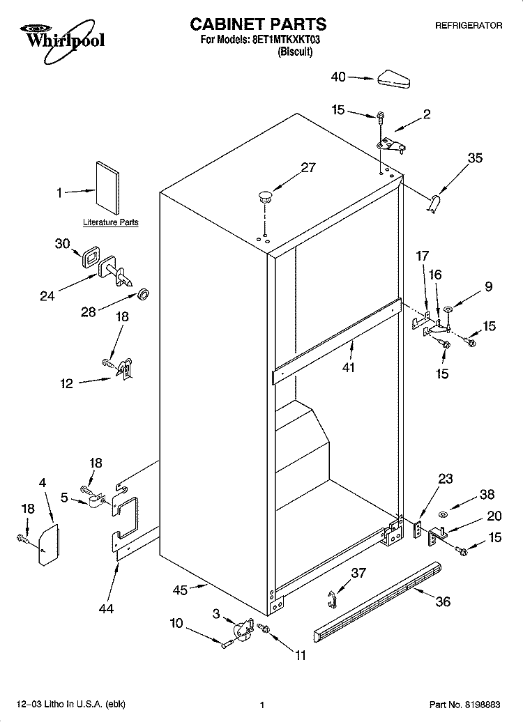 CABINET PARTS Diagram and Parts List for 8ET1MTKXKT03  Whirlpool Refrigerator