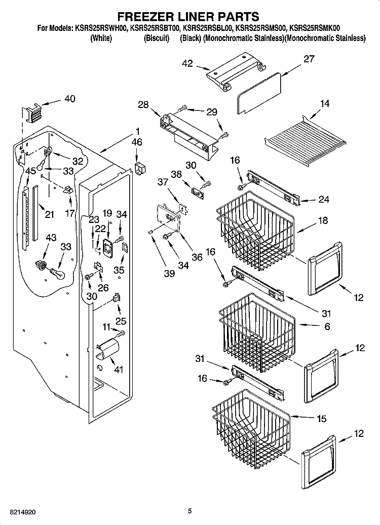FREEZER LINER PARTS Diagram and Parts List for KSRS25RSBL00  KitchenAid Refrigerator