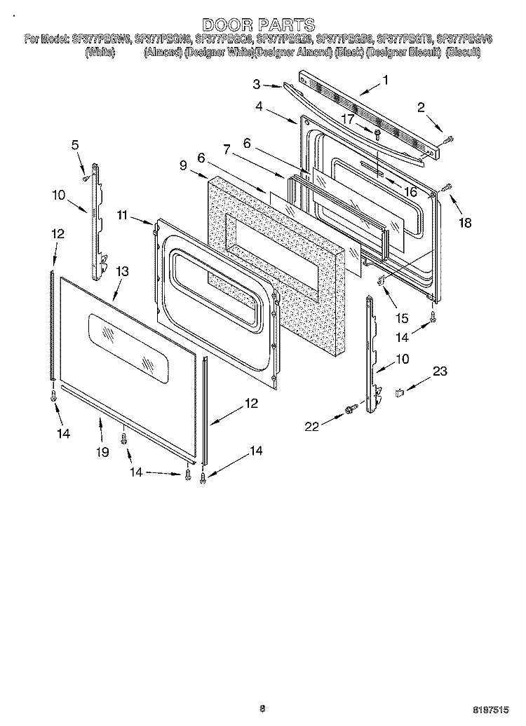 DOOR Diagram and Parts List for SF377PEGT6  Whirlpool Range