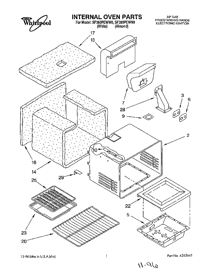 INTERNAL OVEN Diagram and Parts List for SF380PEWN0  Whirlpool Range