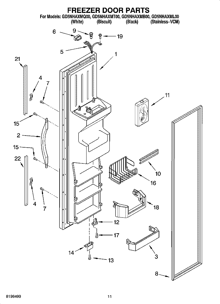 FREEZER DOOR PARTS Diagram and Parts List for GD5NHAXMQ00  Whirlpool Refrigerator