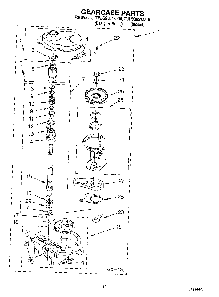 GEARCASE PARTS Diagram and Parts List for 7MLSQ8543JT5  Whirlpool Washer