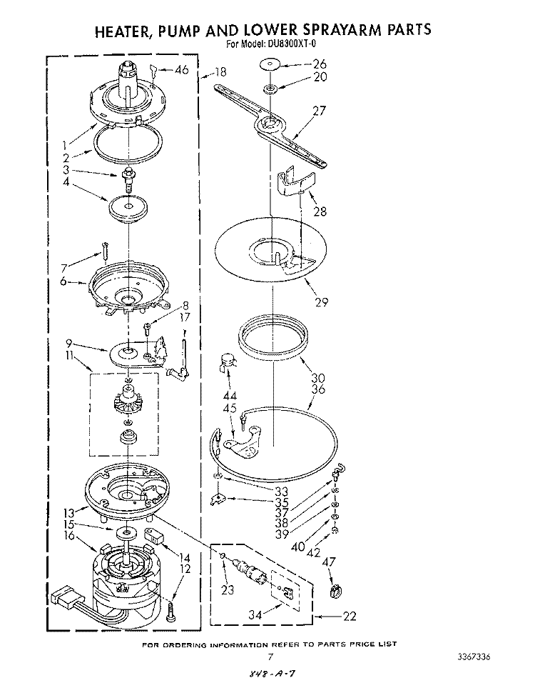 HEATER, PUMP AND LOWER SPRAY ARM Diagram and Parts List for DU8300XT0  Whirlpool Dishwasher