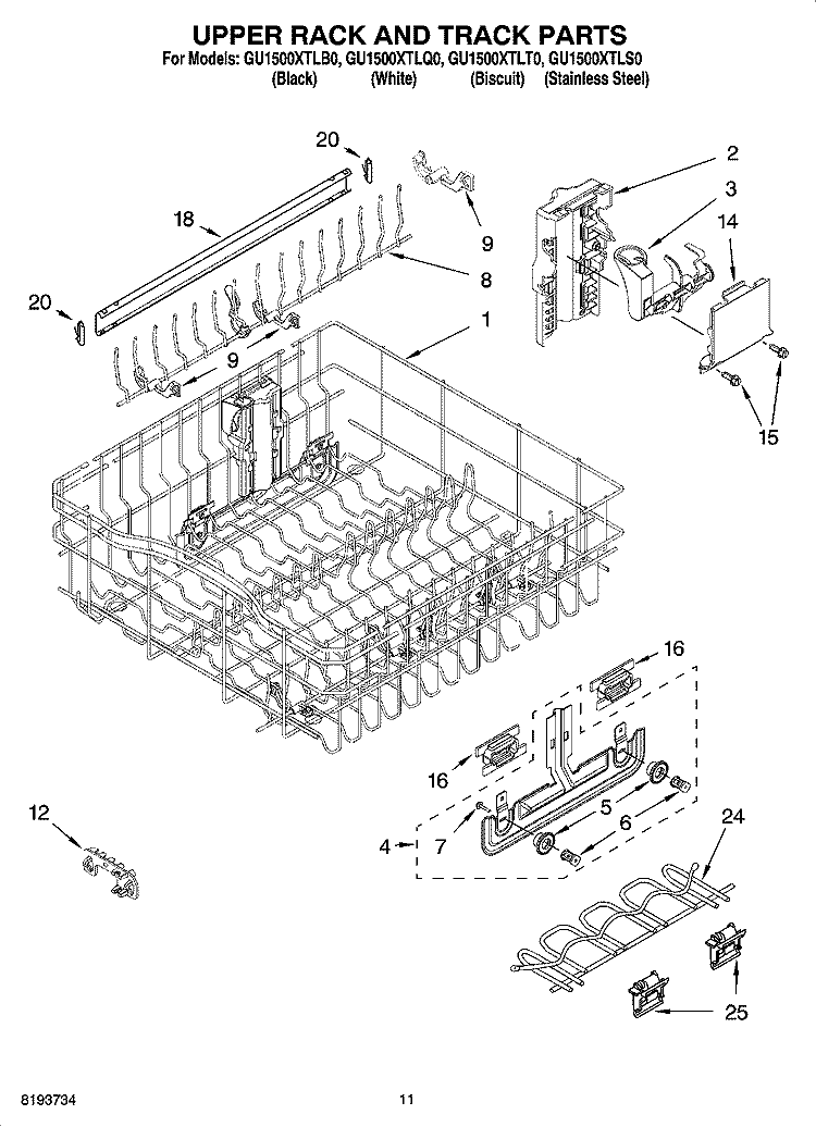 UPPER RACK AND TRACK PARTS Diagram and Parts List for GU1500XTLB0  Whirlpool Dishwasher