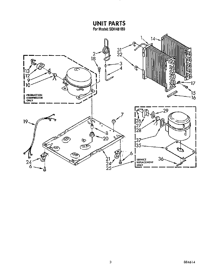 UNIT Diagram and Parts List for SDH481B0  Whirlpool Dehumidifier