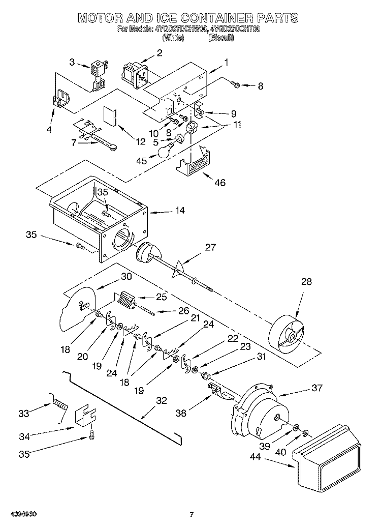 MOTOR AND ICE CONTAINER Diagram and Parts List for 4YGD27DCHT00  Whirlpool Refrigerator