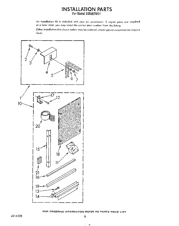 INSTALLATION Diagram and Parts List for X05002W01  Roper Air Conditioner