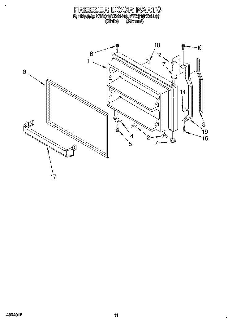 FREEZER DOOR, LIT/OPTIONAL Diagram and Parts List for KTRS19KDWH03  KitchenAid Refrigerator