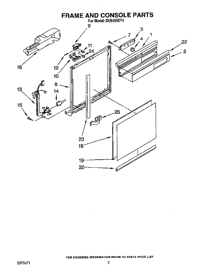 FRAME AND CONSOLE Diagram and Parts List for DU9450XY0  Whirlpool Dishwasher