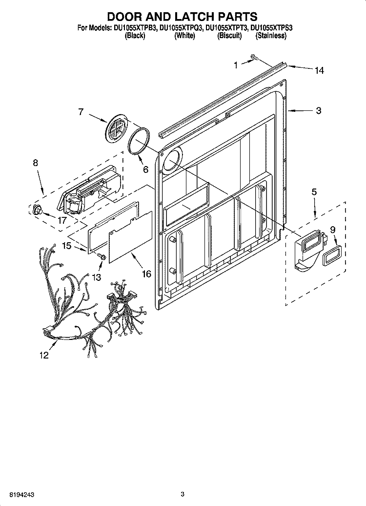 DOOR AND LATCH PARTS Diagram and Parts List for DU1055XTPS3  Whirlpool Dishwasher
