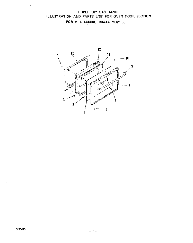 OVEN DOOR, LIT/OPTIONAL Diagram and Parts List for 1444W1A  Roper Range