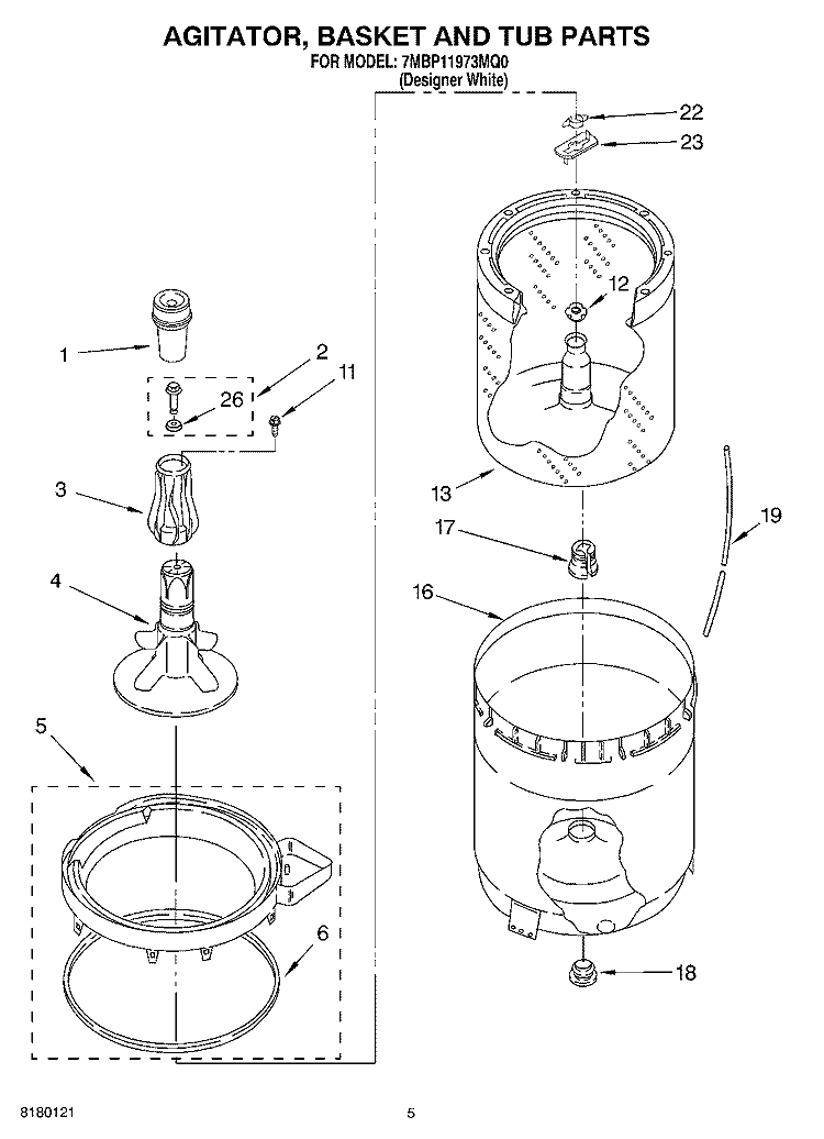 AGITATOR, BASKET AND TUB PARTS Diagram and Parts List for 7MBP11973MQ0  Whirlpool Washer