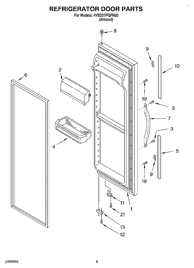 REFRIGERATOR DOOR Diagram and Parts List for 4YED27PQFN03  Whirlpool Refrigerator