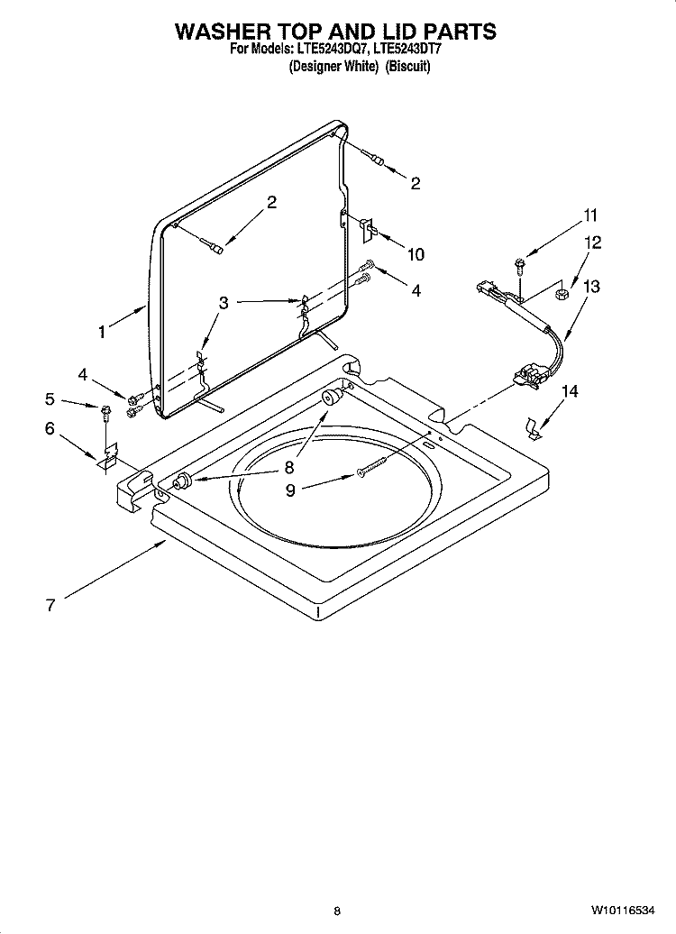 WASHER TOP AND LID PARTS Diagram and Parts List for LTE5243DT7  Whirlpool Washer Dryer Combo
