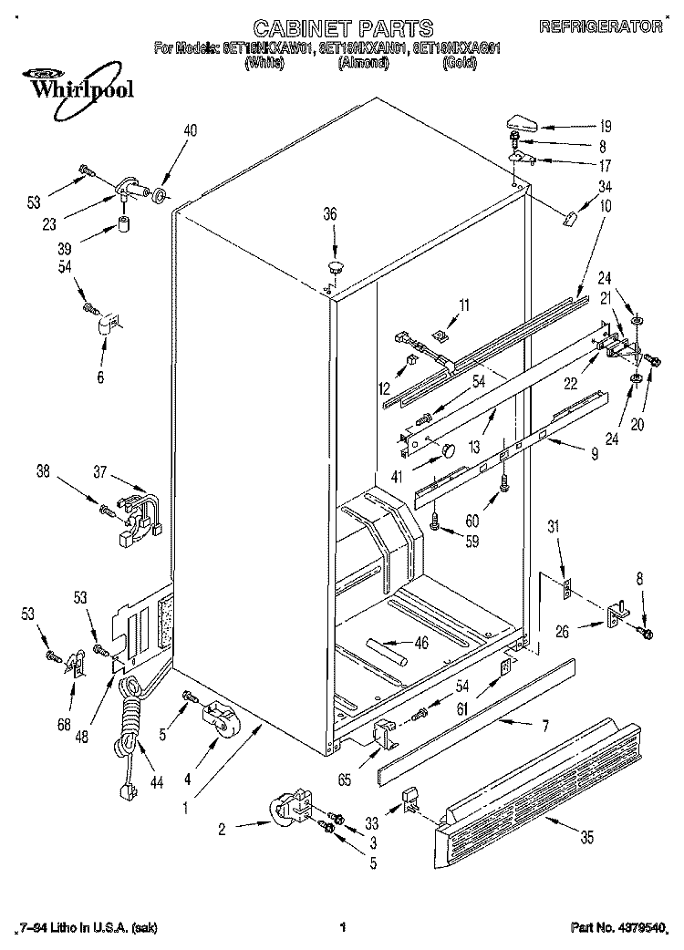 CABINET Diagram and Parts List for 8ET18NKXAN01  Whirlpool Refrigerator