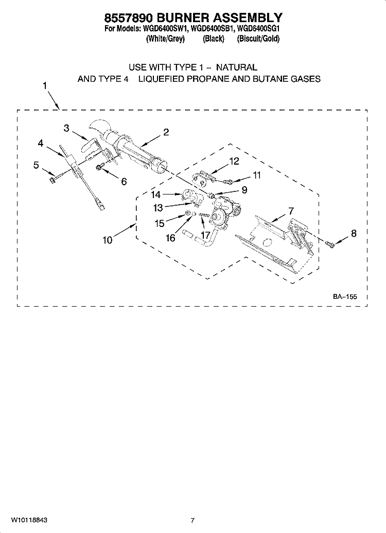 8557890 BURNER ASSEMBLY, OPTIONAL PARTS (NOT INCLUDED) Diagram and Parts List for WGD6400SB1  Whirlpool Dryer