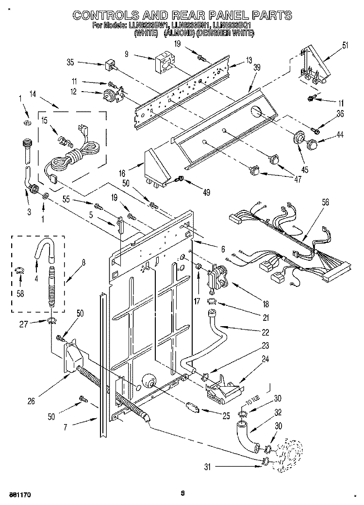 CONTROLS AND REAR PANEL Diagram and Parts List for LLN8233BN1  Whirlpool Washer