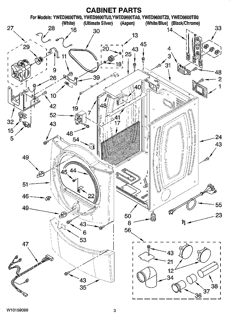 CABINET PARTS Diagram and Parts List for YWED9600TA0  Whirlpool Dryer
