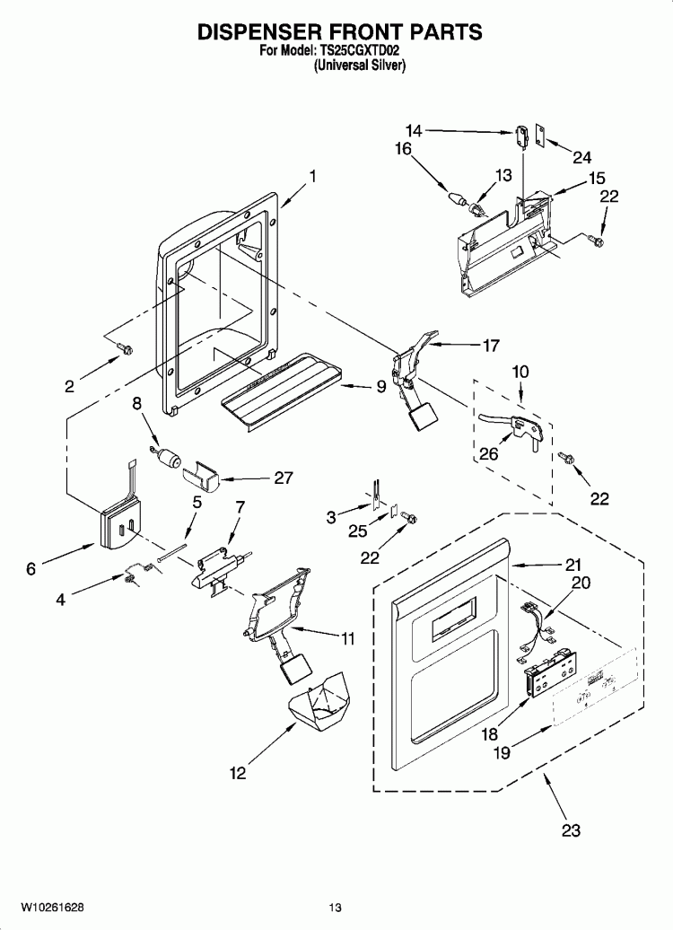 DISPENSER FRONT PARTS Diagram and Parts List for TS25CGXTD02  Estate Refrigerator