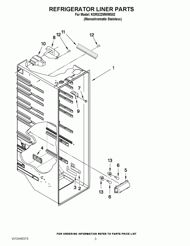 REFRIGERATOR LINER PARTS Diagram and Parts List for KSRS22MWMS02  KitchenAid Refrigerator