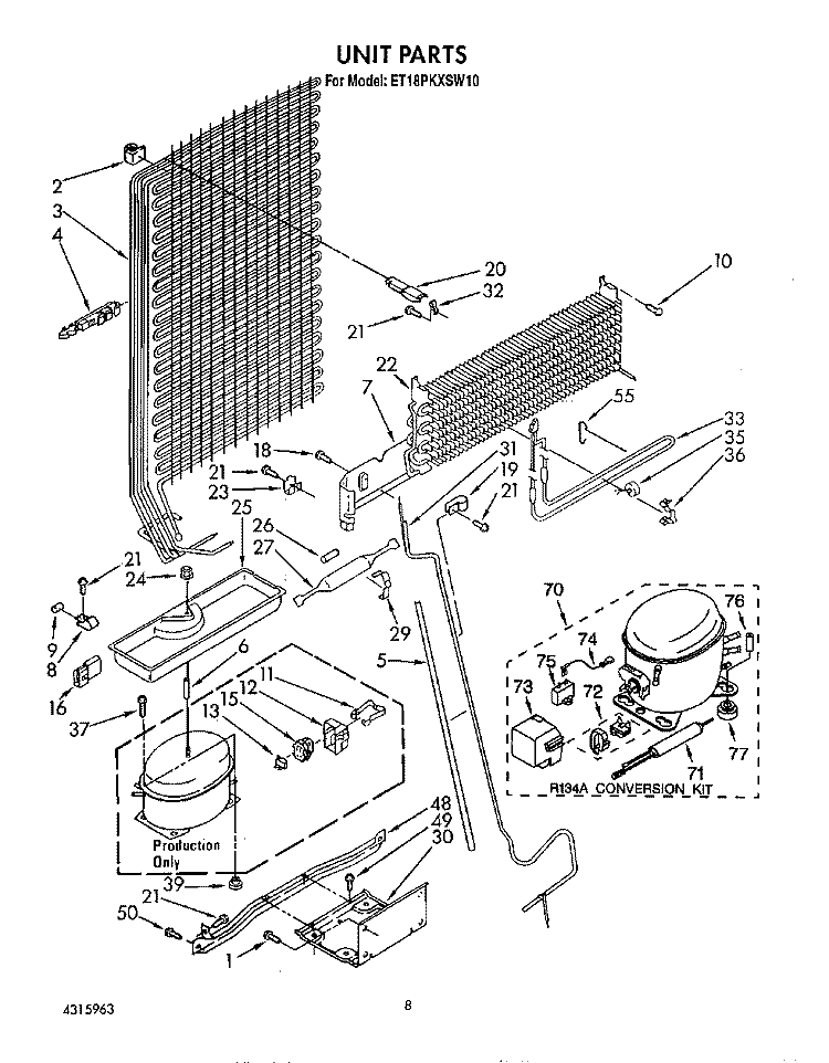 UNIT Diagram and Parts List for ET18PKXSW10  Whirlpool Refrigerator