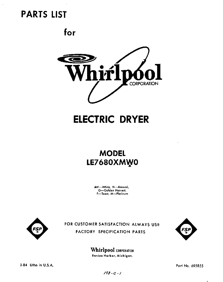 SECTION Diagram and Parts List for LE7680XMW0  Whirlpool Dryer