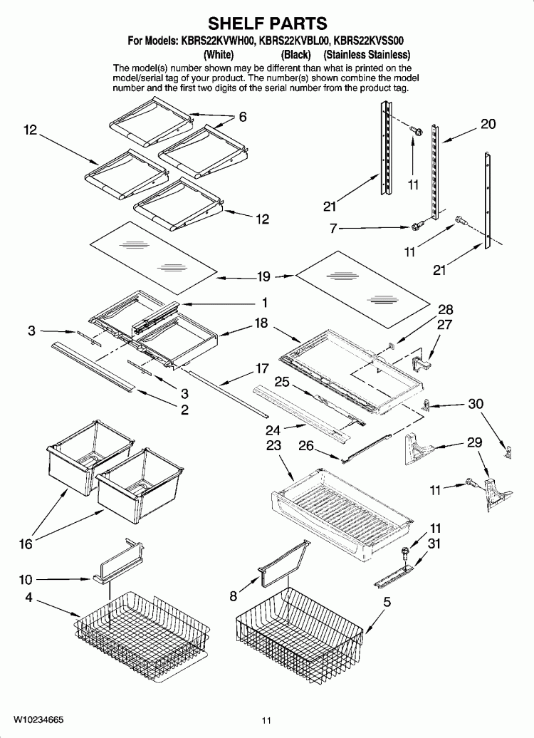 SHELF PARTS Diagram and Parts List for KBRS22KVWH00  KitchenAid Refrigerator