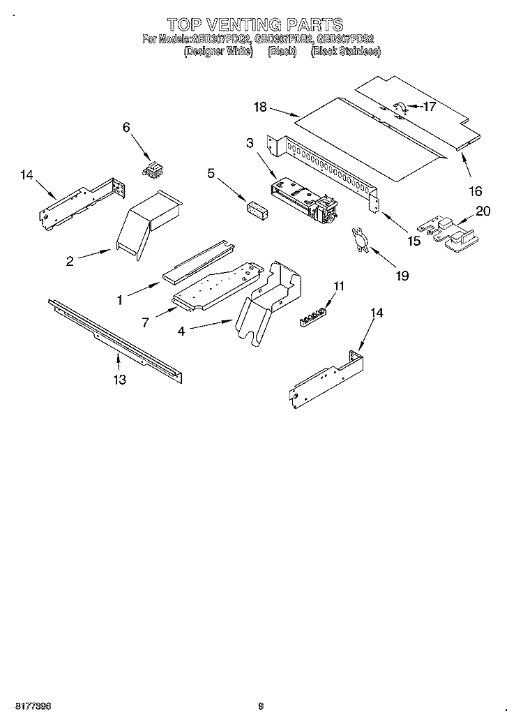 TOP VENTING, OPTIONAL Diagram and Parts List for GBD307PDB2  Whirlpool Wall Oven