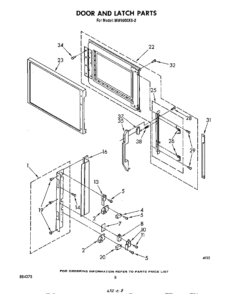 DOOR AND LATCH Diagram and Parts List for MW8600XS2  Whirlpool Microwave