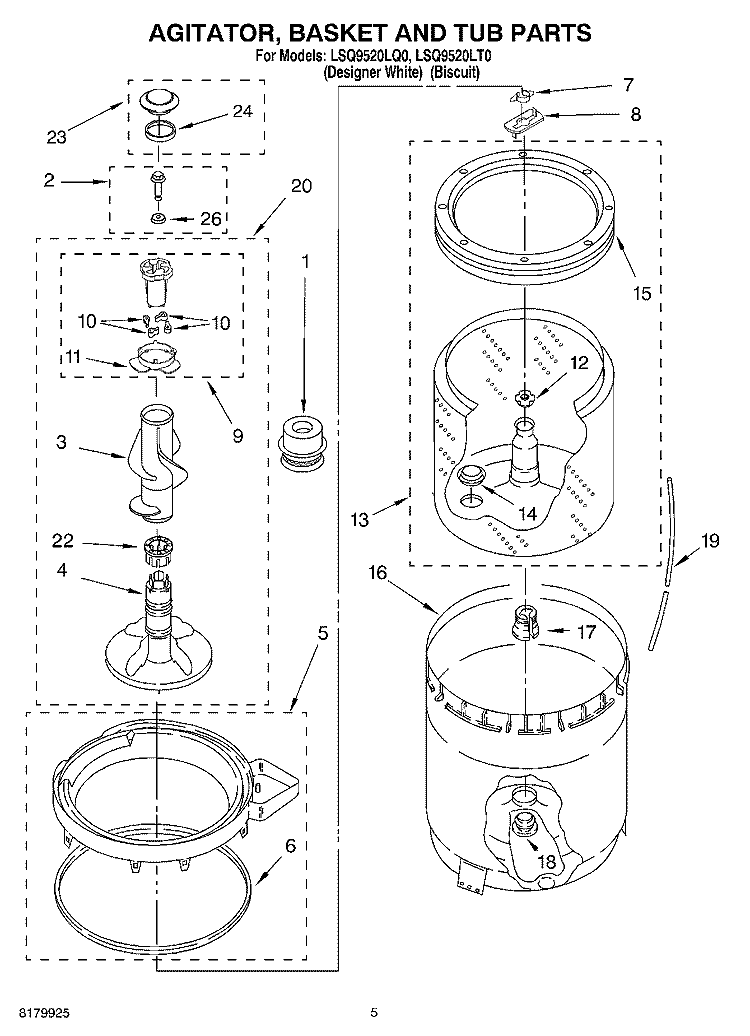 AGITATOR, BASKET AND TUB Diagram and Parts List for LSQ9520LQ0  Whirlpool Washer