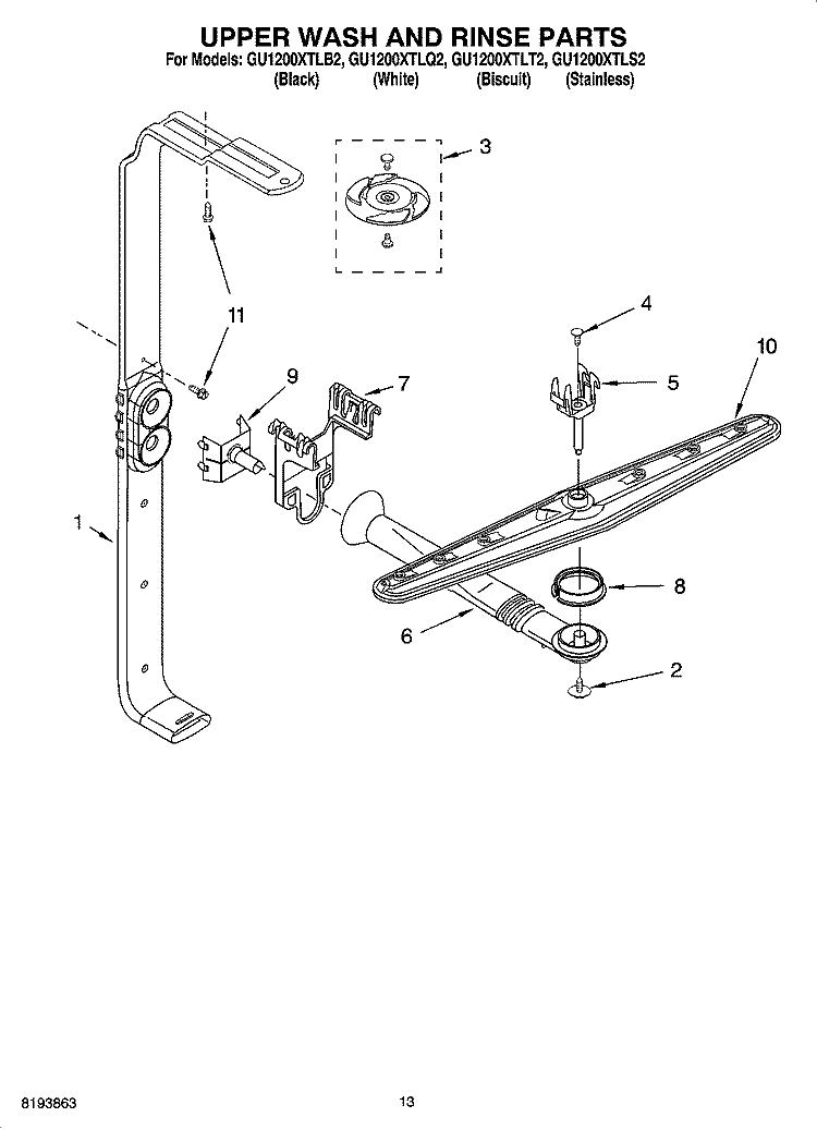 UPPER WASH AND RINSE PARTS Diagram and Parts List for GU1200XTLB2  Whirlpool Dishwasher