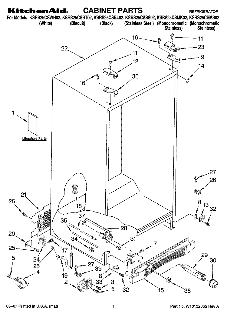 CABINET PARTS Diagram and Parts List for KSRS25CSSS02  KitchenAid Refrigerator