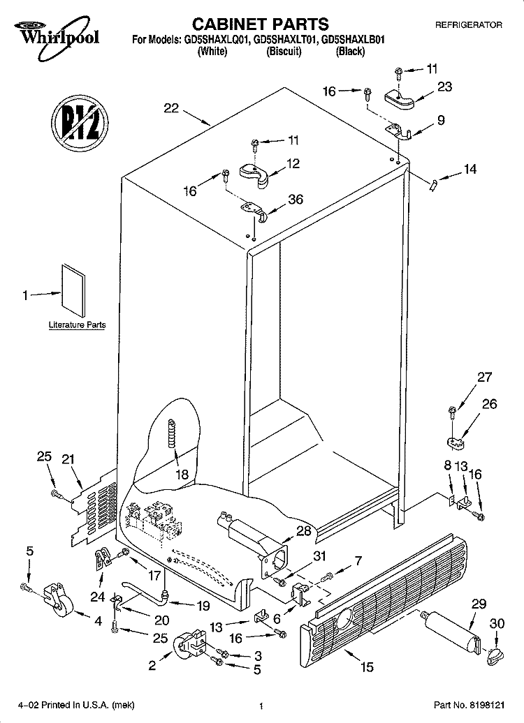 CABINET PARTS Diagram and Parts List for GD5SHAXLT01  Whirlpool Refrigerator
